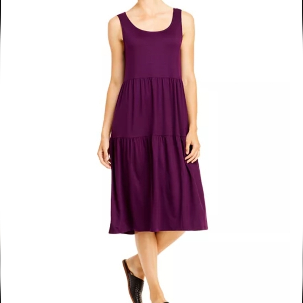 Eileen Fisher Tencel Sleeveless Tiered Jersey Knit Midi Dress Blackberry Large
